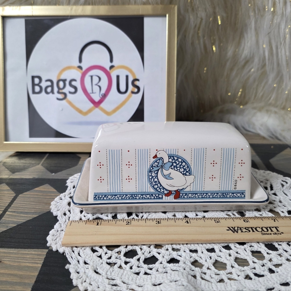 VINTAGE GOOSE RIBBON GEESE COUNTRY GOOSE B&D CERMAIC BUTTER DISH RARE *READ*